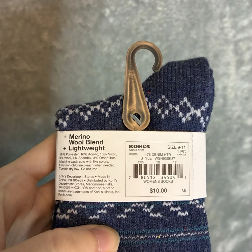 Sonoma Womens Fair Isle Merino Wool Blend Lightweight Crew Sock NWT 1 Pair Blue